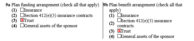 Sample IRS Form 5500 showing the funding arrangement boxes